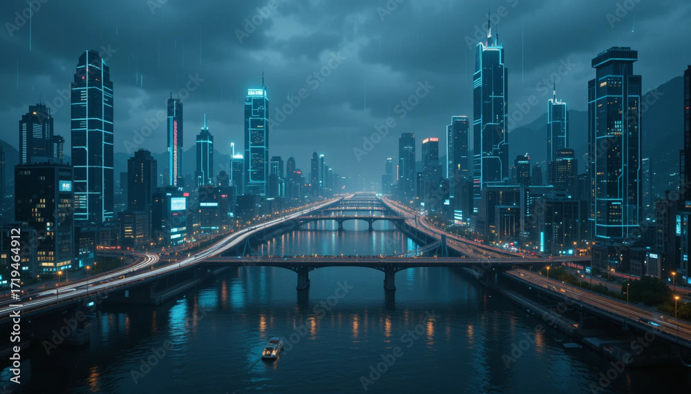 Naklejka premium Futuristic cityscape with illuminated skyscrapers and bridges over a river