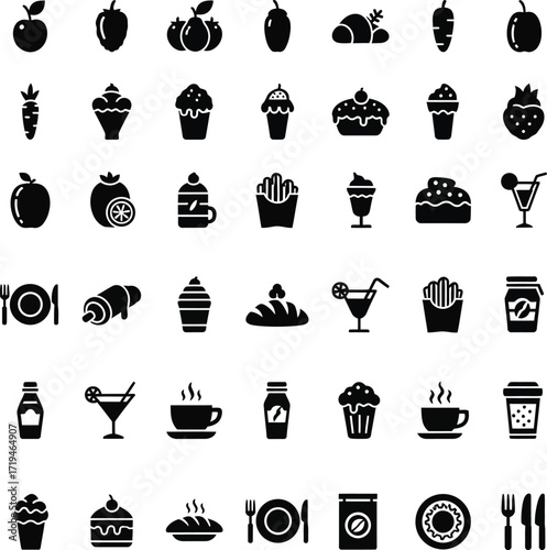 Collection of food and drink icons in black and white