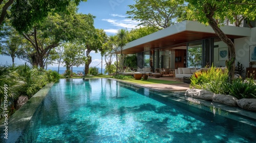 Wallpaper Mural Luxury villa exterior with infinity pool overlooking beautiful tropical landscape. Ideal for illustrating travel, vacation rentals, or upscale living concepts. Torontodigital.ca