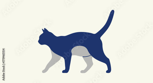 Minimalist navy and gray cat illustration against a cream background design with tail up