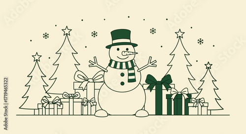 Festive snowman illustration with christmas trees and gifts creating a holiday scene