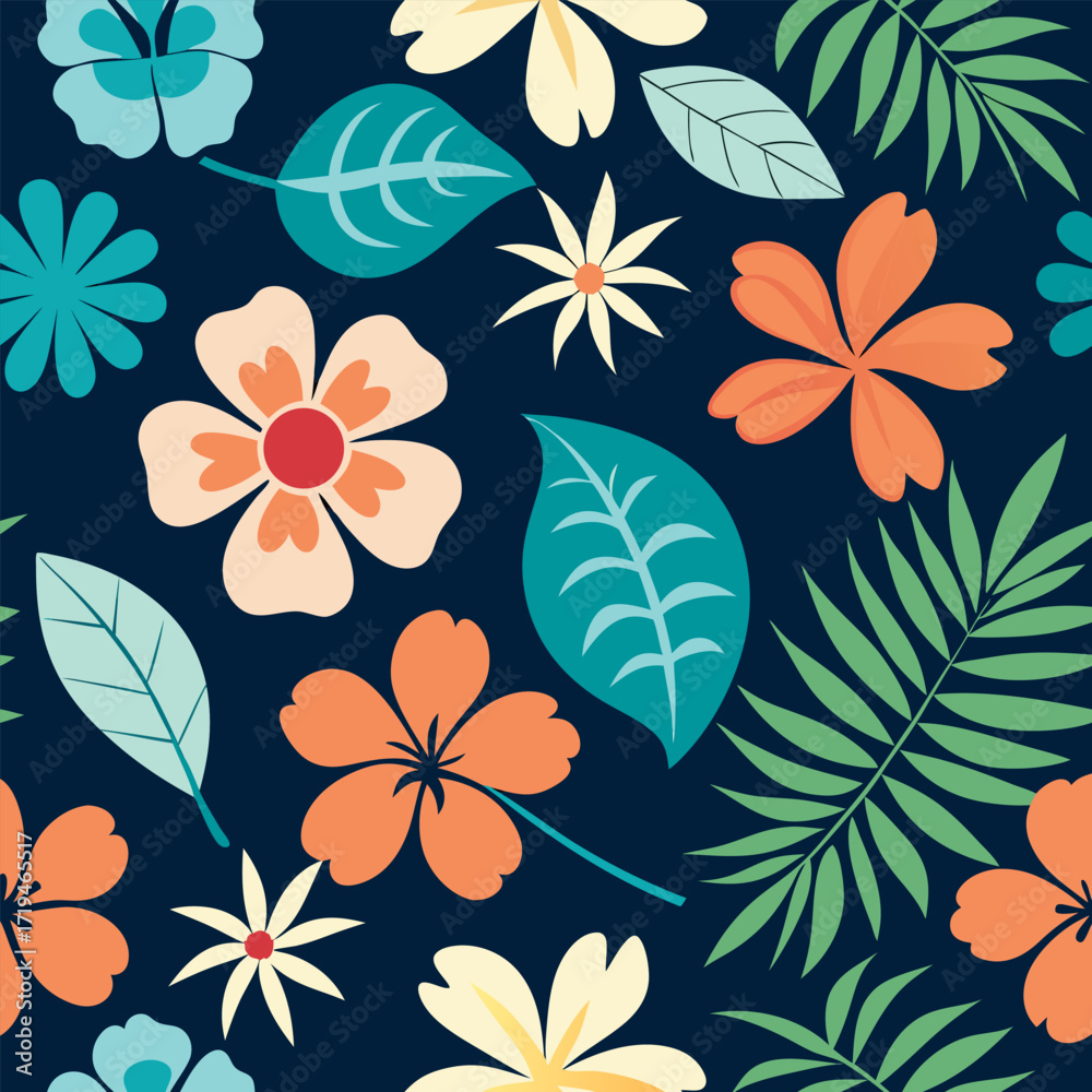 Fototapeta premium Vibrant seamless hawaiian floral pattern featuring hibiscus and tropical leaves