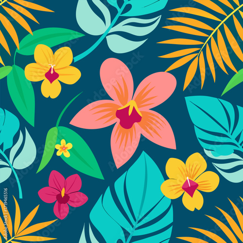 Seamless caribbean orchid and palm leaf floral pattern design