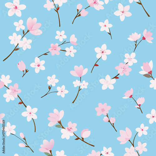 Delicate seamless spring floral pattern featuring blooming cherry blossoms