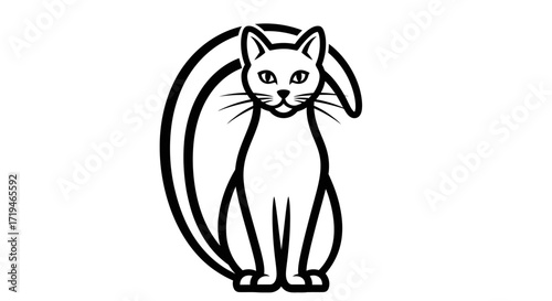 Elegant feline illustration, a sleek black and white cat with a distinctive tail curl that exudes