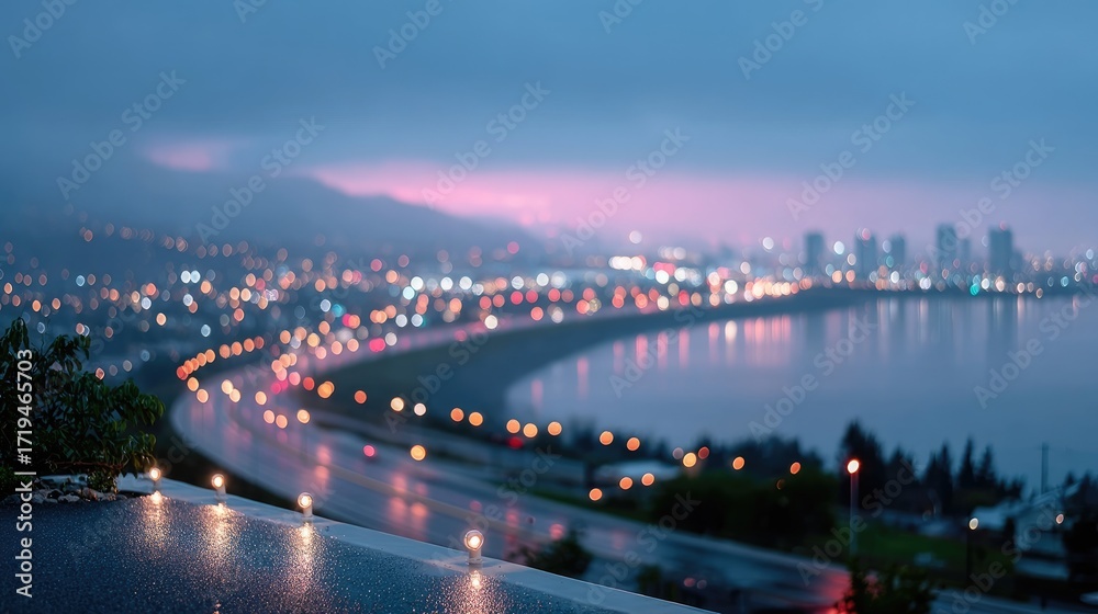 Obraz premium Blurred Cityscape at Night with Glowing Bokeh Lights and Dark Blue Sky Above a Winding Road by The Ocean