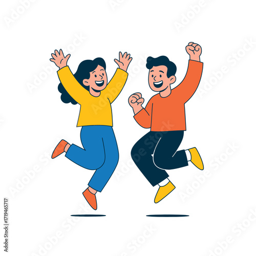 Joyful Leap: A duo celebrates with uplifted arms and buoyant spirit, captured in an artistic rendering that embodies the essence of triumph and elation.