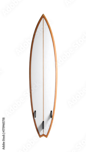 A classic surfboard design, white with light brown wood rails and fins, displayed against a black backdrop