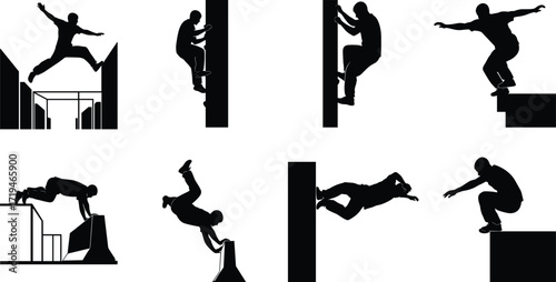 Parkour silhouettes, urban athlete movements, extreme sports illustration, black and white action poses, free running design, dynamic posture, street culture, minimal art, fitness concept