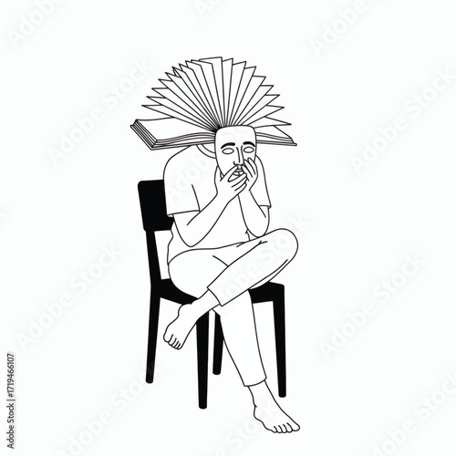 Hidden Face and The Books: A conceptual line drawing of a person's face hidden by a mask, with the head crowned by a fan of open books, reflecting contemplation, reflection.