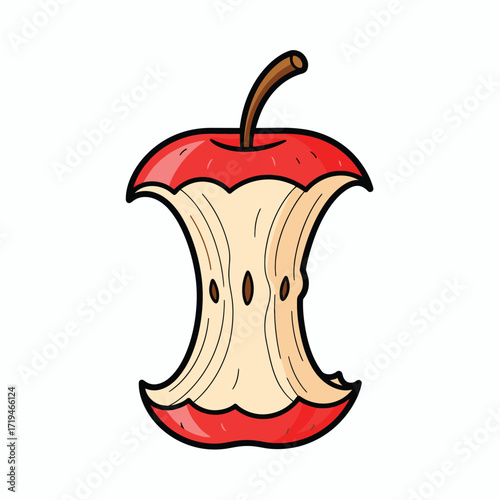 Hand-drawn cartoon illustration of a red apple core, symbolizing the concept of food waste and healthy eating leftovers