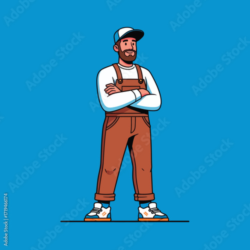 Confident Craftsman in Blue Backdrop: A contemporary graphic of a confident craftsman in his work overalls, striking a pose that exudes competence, poised against a vibrant blue backdrop.