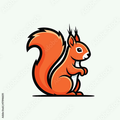Cute orange squirrel mascot character illustration for branding and logos. A playful and friendly rodent with a bushy tail standing proud
