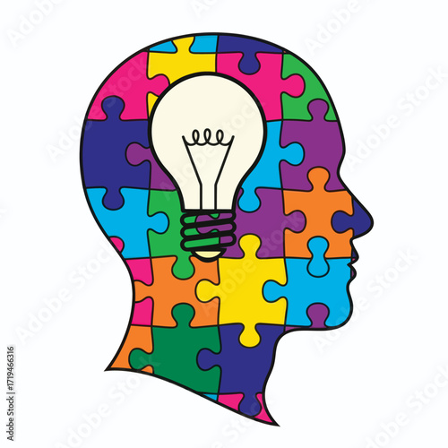 Conceptual illustration of human psychology and creative problem solving, symbolized by a colorful puzzle head with an idea lightbulb
