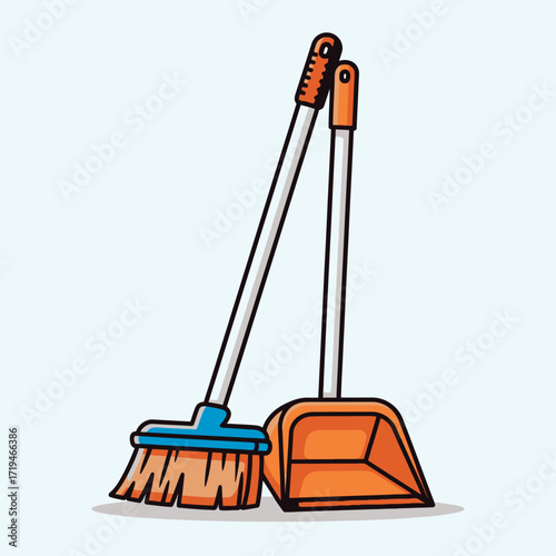 A colorful cartoon vector illustration of a broom and dustpan set for household cleaning chores and maintaining home hygiene