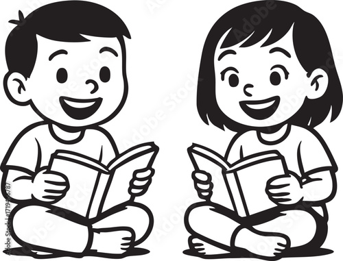 Joyful Readers: Two young children, engrossed in the pages of their books, sit side by side, their faces alight with smiles as they embrace the magic of literacy.