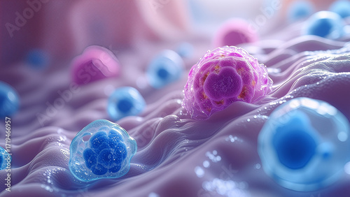 A microscopic image of induced pluripotent stem cells (iPSCs), clearly showing their complex cellular structure and morphology. 