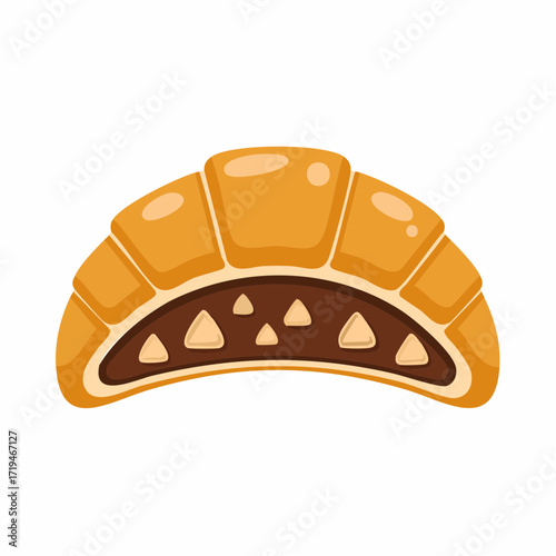 A vector illustration of a freshly baked croissant, sliced in half to show a rich chocolate filling