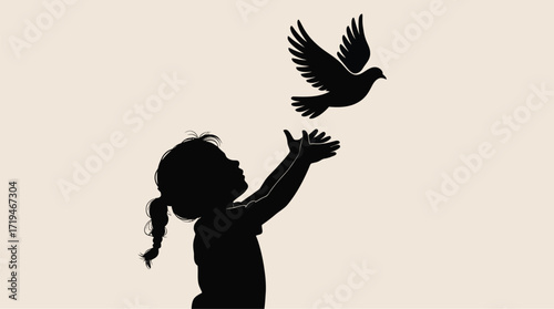 Silhouette of a young girl releasing a dove, symbolizing peace and hope for the future generation, a powerful image for advocacy and non-profit campaigns