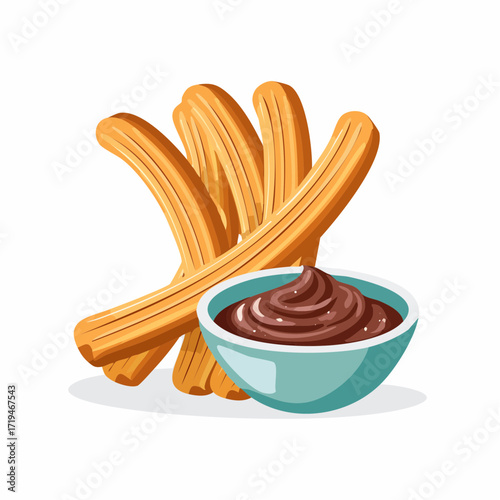 A vector illustration of churros, a traditional Spanish dessert, with a bowl of rich chocolate dipping sauce.