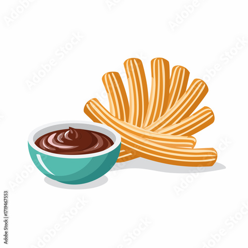 A vector illustration of churros, a traditional Spanish dessert, with a bowl of rich chocolate dipping sauce.