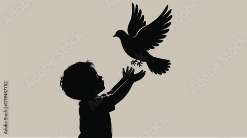 Silhouette of a child releasing a dove in hope, freedom and peace, making it ideal for spiritual, humanitarian, and advocacy projects