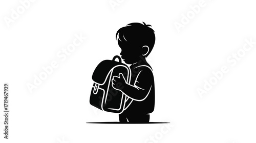 Adorable child embraces school bag, symbolizing learning, growth, and early education experiences in a minimalist monochrome design