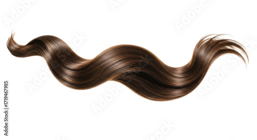 Healthy deep brown human hair strand with warm highlights, perfect smooth waves, shiny, frizz-free, against a transparent studio background, concept for luxurious hair care advertising