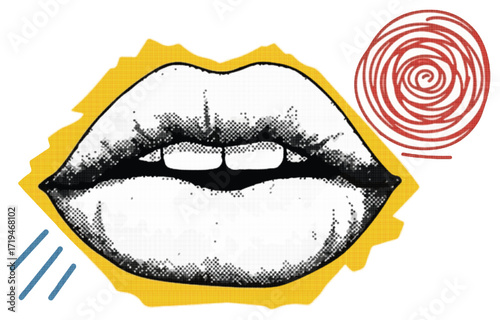 Lips Vector Illustration – Pop Art Halftone Style of Woman’s Mouth Speaking, Kissing and Expressing Communication, Voice, Gossip, Storytelling, Marketing, Advertisement, Retro
