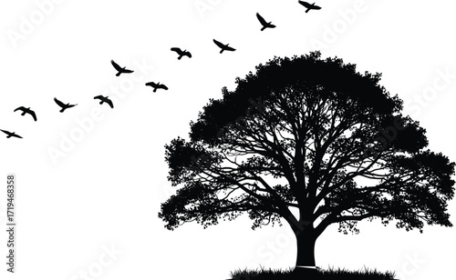 Black and white tree silhouette with flying birds, nature-inspired minimal illustration for symbolic, peaceful, and outdoor-themed graphic design.Black and white tree silhouette with flying birds, nat