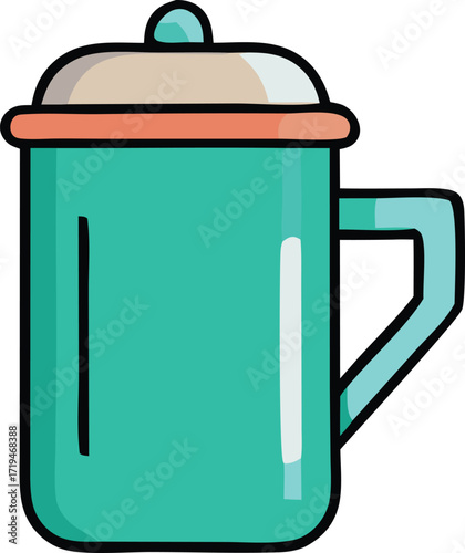 Retro enamel mug with lid and handle teal orange and cream classic camping cup for hot beverages and travel