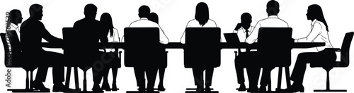 Black silhouette illustration of business meeting with ten people around conference table, teamwork and collaboration in corporate office setting.