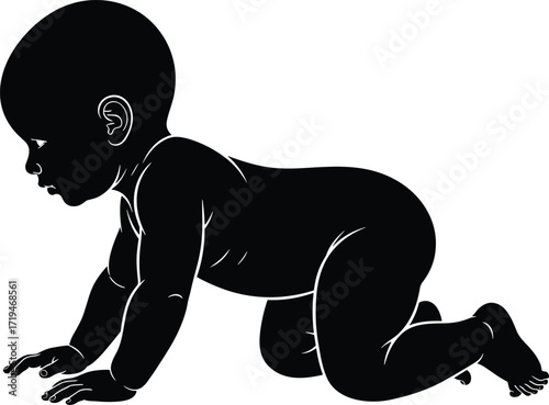 Black silhouette illustration of crawling baby on hands and knees, symbolizing early childhood development, growth, and motor skill milestones.