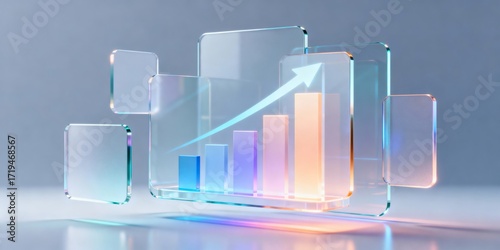 Growth, finance and analytics with 3d glass bar chart and rising arrow in modern gradient light for business success and data visualization concept on soft blue background