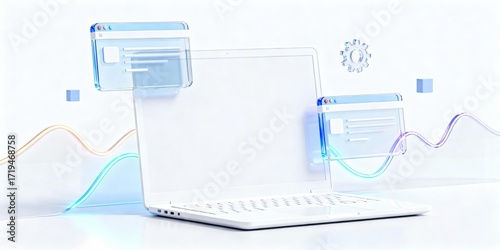 Futuristic laptop with floating ui windows and neon data waves in minimal white studio, technology interface and digital dashboard concept
