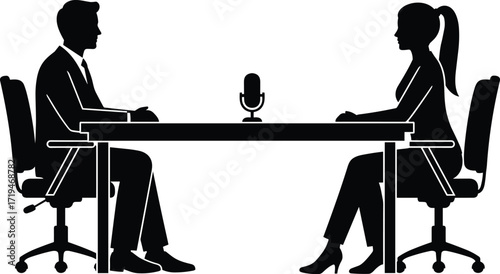 Black silhouette illustration of formal interview or podcast scene with two people seated at table and microphone in professional setting.