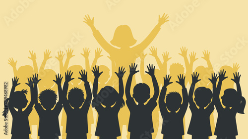 Enthusiastic students celebrating with teacher, arms raised in victory, teamwork and unity, a vibrant scene perfect for educational campaigns