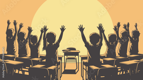 Inspiring classroom scene with students raising hands, ready to learn and engage in education, perfect for back to school campaigns or educational content