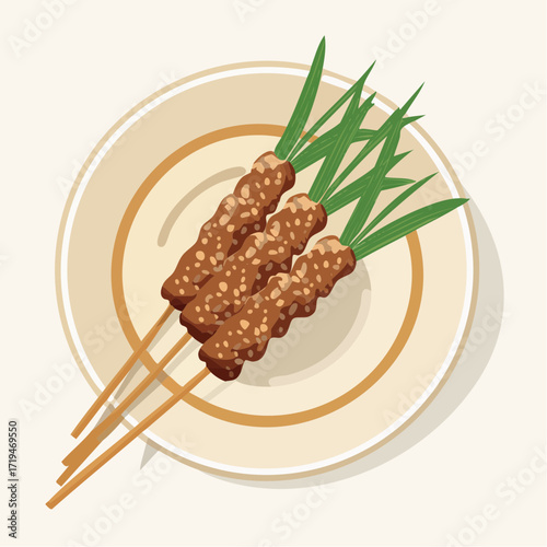 A vector illustration of Sate Lilit, a traditional Balinese dish of spiced minced meat skewers, served on fresh banana leaves.