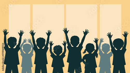 Excited students raising hands in classroom illustration for educational projects, symbolizing childhood enthusiasm and learning opportunities for designers