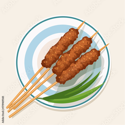 A vector illustration of Sate Lilit, a traditional Balinese dish of spiced minced meat skewers, served on fresh banana leaves.