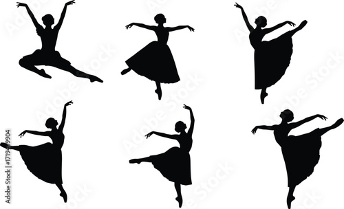 Ballet dancer silhouettes, classical dance poses, black and white illustration, graceful movement, performing arts, elegant posture