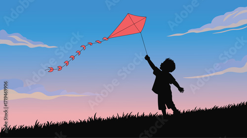 Silhouette of carefree boy joyfully flying kite against vibrant sunset sky, evokes childhood memories and the simple pleasures of outdoor fun