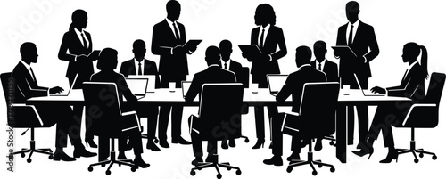 Black silhouette illustration of thirteen people in business meeting around conference table, teamwork and strategy in professional office setting.