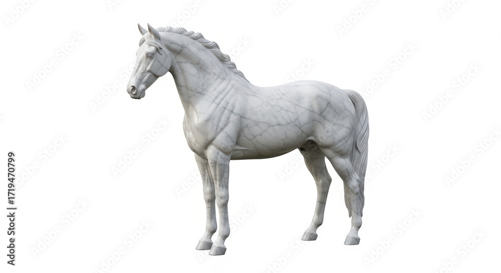 Fototapeta premium A realistic white marble horse statue standing in profile against a clean white background.