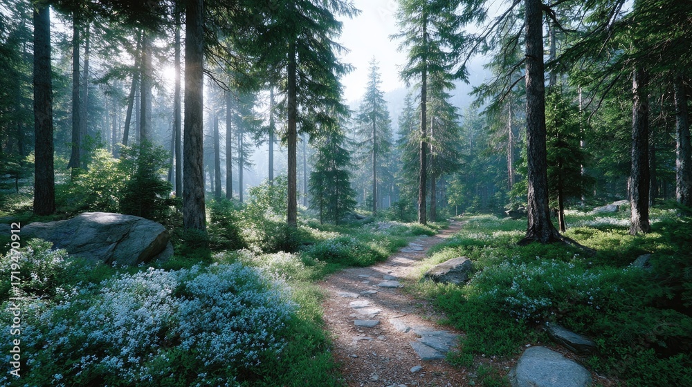 Obraz premium Sunlight Shines Through Dense Green Forest Landscape with Trees Bushes Flowers Stones and Trail in Nature Scenic Environment at Daytime