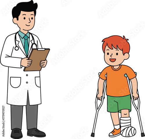 Cartoon illustration of smiling doctor with clipboard and injured child on crutches, medical care and health education concept.