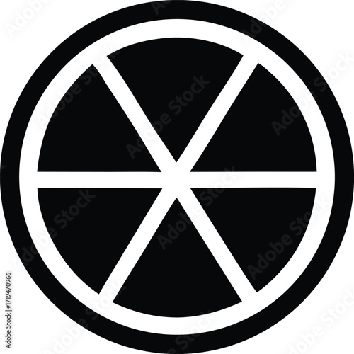 Geometric symbol represents a stylized six-petal flower or sunburst design with radial lines concentric circles and internal divisions a simple abstract graphic