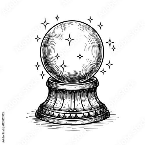 Crystal ball with sparkles detailed vintage engraved vector illustration