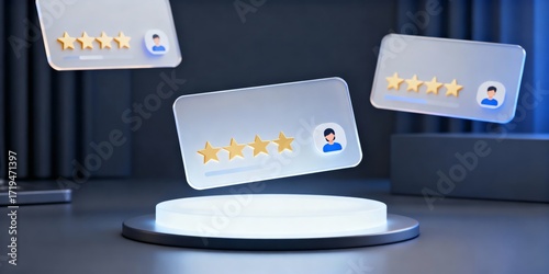 Five star rating cards with user avatars floating above podium in blue neon studio, customer feedback and online review concept for quality assurance and satisfaction evaluation